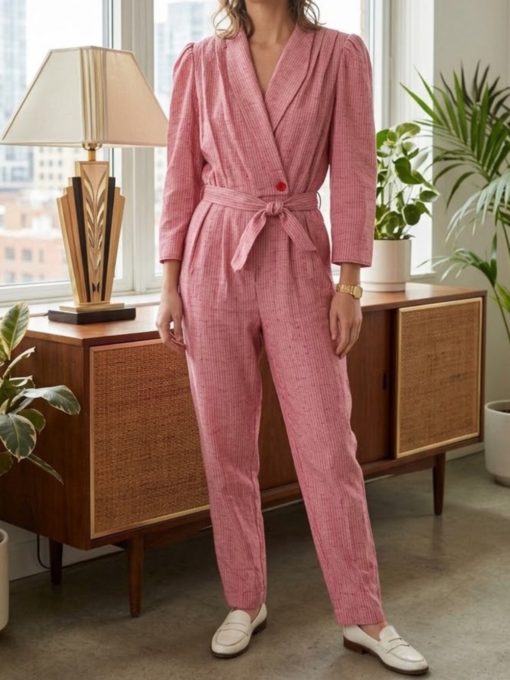 Vintage Scarlett Red Striped Shoulder Pad Jumpsuit